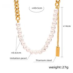 Style: Female Material: Titanium Steel, Imitation Pearl Pearl Type: Uncultured Pearl Color: White Pearl Shape: Round Necklace Length: 40+5cm Pearl White Metal Chain Necklace, Pearl White Necklace With Chain For Gifts, Elegant Alloy Chain Pearl Necklace, Elegant Alloy Pearl Chain Necklace, White Alloy Chain Necklace For Party, Elegant Alloy Chain Necklace With Pearl Chain, Elegant Alloy Pearl Necklace With Chain, White Pearl Chain Metal Necklace, Elegant Pearl Necklace With Alloy Chain