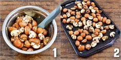 a pan filled with cashews next to another pan full of cashews