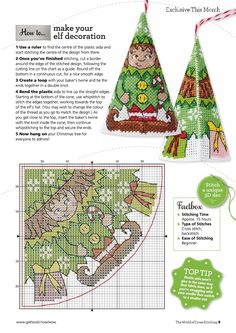 a cross stitch christmas tree ornament is shown with instructions to make it look like an elf