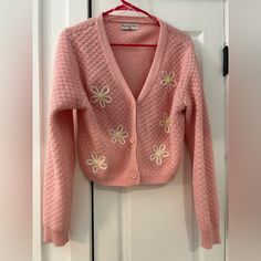 Pink Button Front Crochet Cardigan, Floral Design Never Worn- Perfect Condition Crochet Flower Cardigan, Pink Bohemian Knit Cardigan, Bohemian Pink Knit Cardigan, Cute Pink Cardigan With Button Closure, Pink Long Sleeve Retro Cardigan, Vintage Pink Knit Cardigan, Flower Cardigan, Crochet Flower, Crochet Cardigan