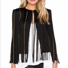 Brand New. Size 4. $695 Luxury Spring Party Outerwear, Chic Gold Outerwear For Party, Elegant Black Fringe Outerwear, Designer Spring Party Outerwear, Elegant Fitted Fringe Outerwear, Gold Evening Outerwear For Spring, Chic Fringe Outerwear For Work, Chic Fringed Outerwear For Night Out, Black Fringe Outerwear For Party