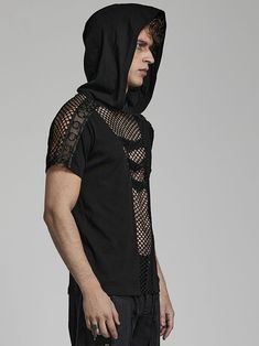 The price is for a top only, others are not included.  1. Mesh splicing elastic knitted fabric  2. Handsome hooded T-shirt  3. Charm mesh cutouts  4. Creative circle webbing on the shoulder, creating personalized punk.  5. Hollow and straps with zigzag buckle rich the design.  Garment Size   	 		 			Size 			S-M 			L-XL 			2XL-3XL 		 		 			Length 			68.5 			70.5 			72.5 		 		 			Bust 			100 			110 			120 		 		 			Waist 			98 			108 			118 		 		 			Shoulder Across 			45 			48 			51 		 		 			Sleeve Alternative Mesh Tops For Streetwear, Black Gothic Tops With Mesh Sleeves, Edgy Mesh Tops For Halloween, Punk Style Mesh Tops For Spring, Punk Mesh Tops For Spring, Black Mesh Festival Top, Black Mesh Tops For Festival, Black Mesh Top For Festival, Stretch Punk T-shirt For Streetwear