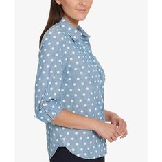 This classic button-down shirt from Tommy Hilfiger is easy to dress up or down without missing a beat..Approx. model measurements: height: 5'9-1/2'; bust: 32'; waist: 25'; hips: 34'.Model is wearing size S.Point collar.Button closure at front.Roll-tab sleeves.One patch pocket at chest with flag logo.Easy fit.Hits at hip.All cotton.Machine washable.Imported Casual Slim Fit Button-up Blouse, Casual Slim Fit Blouse For Business Casual, Slim Fit Top With Spread Collar For Daywear, Casual Slim Fit Blouse With Spread Collar, Classic Relaxed Fit Tommy Hilfiger Shirt, Casual Slim Fit Blouse With Button Closure, Fitted Casual Blouse With Spread Collar, Casual Fitted Blouse With Spread Collar, Slim Fit Tops With Spread Collar For Spring