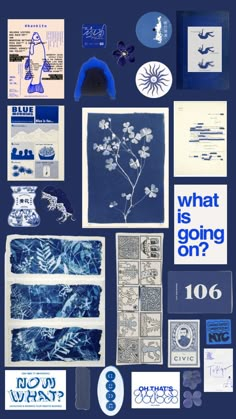 an assortment of blue and white items are arranged on a dark background with the words, what is going on?