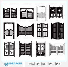 the silhouettes of different types of doors and windows are shown in black on white