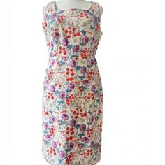 New With Tags Floral Print Dress With Straight Neckline For Garden Party, Floral Print Dresses With Straight Neckline For Garden Party, Garden Party Dresses With Floral Print And Straight Neckline, Multicolor Spring Dress With Straight Neckline, White Midi Dress With Floral Print And Straight Neckline, Floral Print Sheath Dress For Garden Party, White Dresses With Floral Print And Straight Neckline, Sheath Dress With Floral Print For Garden Party, Summer Floral Print Sheath Dress