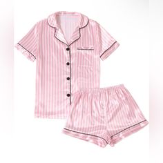 Never Worn, Brand New Condition. Striped Silky Satin Pajamas Short Sleeve Button-Down Top With Shorts Sleepwear Pj Set Girly Pjs, Hotel Sleepover, Aesthetic Pjs, Preppy Pajamas, Preppy Pjs, Pink Pj Set, Pajama Party Outfit, Silk Pj Set, Wishlist Christmas