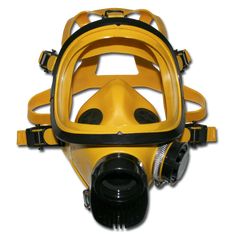 a yellow gas mask with goggles on it's head and mouthpieces