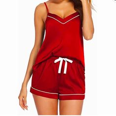 Amazon Fashion Red Satin Pajama Set Top And Shorts Red Summer Sets For Bedtime, Red Bedtime Sets For Summer, Red V-neck Loungewear Set, Red Summer Sleepwear For Bedtime, Red Lounging Sets For Summer, Red Summer Sleepwear, Red Loungewear Sets For Summer, Red Summer Loungewear Sleepwear, Red Summer Sleepwear For Loungewear