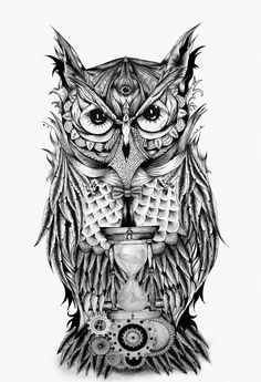 an owl with big eyes is shown in this black and white drawing by artist mark stewart