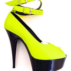 Gasoline Glamour Kamikaze Neon Yellow Peeptoe Pumps Neon Yellow Leather 6" Heel 2" Platform Peep Toe Pump. Double 3/4" Ankle Straps Medium Width Made In The Usa Lime Green Open Toe Party Heels, Yellow Platform Heels For Party, Lime Green Open Toe Heels For Party, Neon Yellow Party Heels, Fitted Yellow Heels With Heel Strap, Neon Yellow Fitted High Heels, Fitted Neon Yellow High Heels, Yellow Fitted Ankle Strap Heels, Yellow Open Heel Fitted Shoes