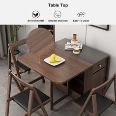 a wooden table with two chairs next to it