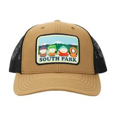 Show your love for South Park with this hat featuring the core characters on a printed patch. Size: One Size.  Color: Brown.  Gender: male.  Age Group: adult. Retro Hats With Logo Patch And Curved Bill, Casual Trucker Hat With Graphic Print For Outdoor, Casual Graphic Print Trucker Hat For Outdoor, Retro Curved Bill Hat With Logo Patch, Camping Snapback Baseball Cap With Logo Patch, Outdoor Graphic Print Snapback Trucker Hat, Casual Fan Merchandise Hat With Logo Patch, Casual Hats With Logo Patch For Fans, Outdoor Graphic Print Trucker Hat With Curved Brim