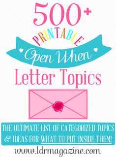 a pink envelope with the words 500 printable open when letter topics written below it