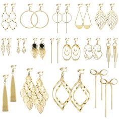 PRICES MAY VARY. Multi-style Dangle Earring Set: Includes 16 pairs of gold clip-on dangling earrings women: long bar earring, minimalist earring, bow dangle earring, leaf drop earring, big hoop earring, statement earrings tassel earring and twist wave drop dangle earrings; Perfect for women and offers trendy options for every style and occasion Lightweight and Hypoallergenic: Comfortable boho clip on earrings made from hypoallergenic and lightweight materials, reducing discomfort for sensitive e Cheap Whimsical Dangle Jewelry, Long Bar Earrings, Bar Earring, Earrings Tassel, Earring Minimalist, Minimalist Earring, Tassel Earring, Big Hoop Earrings, Gold Clips