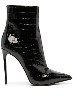 jet black calf leather/goatskin patent finish embossed crocodile effect pointed toe side zip fastening ankle-length 120mm stiletto heel Farfetch Shoes, Le Silla Shoes, Crocodile Boots, Cream Shoes, The Boutique, Elegant Hairstyles, Ballet Flat Shoes, Pump Sandals, Suede Ankle Boots