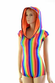 "This item is made to order, please read all the way through the listing before purchasing! This bodysuit is made of lycra spandex in beautiful rainbow print. Made from top quality lycra spandex. Cap sleeves, full hood, and boy cut legs. Four way stretch for a figure forming fit. This bodysuit is unlined, the hood is lined in orange holographic. Womens Sizing (See below for instructions on where measurements should be taken) XXS: Bust 29\"-30\" / Waist 22\"-23\" / Hips 30\"-32\" Extra Small: Bus Coachella 2014, Hoodie Romper, Boy Cut, Festival Inspo, Rave Costumes, Boy Cuts, Edm Festival, Pride Outfit, Spandex Dress