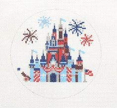 the disney castle is painted in red, white and blue with snowflakes on it