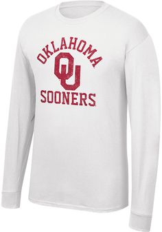 Show off your team pride in this Oklahoma Sooners White Number One Long Sleeve T Shirt! This Oklahoma Long Sleeve Tee features a screen print Oklahoma arched over team logo with Sooners below. Make sure everyone knows you root for the Sooners with this White Oklahoma T Shirt. Boomer Sooner! Long Sleeve Cotton T-shirt With Team Name, Cotton Tops For Football Season Sports Events, Collegiate Long Sleeve T-shirt For Football Season, Jersey Fan Apparel Top With Letter Print, Jersey Fan Apparel Tops With Letter Print, White Jersey Fan Apparel Tops, Varsity Cotton Top For Football Season, Athletic Heather Tops With Logo Print For Fans, Cotton Tops For Football Season Fan Gear