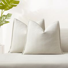 two white pillows sitting on top of a couch next to a potted green plant