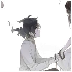 an anime character is cutting another person's hair with scissors in front of him