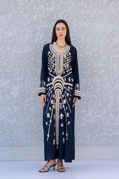 "**Note : The kaftan in the video is a different color of the exact same Kaftan and is only displayed to show the fit, flow, and cut of the Kaftan. You will receive the one in the pictures.** This beautiful Kaftan with the Siwa inspired embroidery is a bohemian and flashy dress that will catch everyone's eyes. it is a show stopper. This Kaftan is ideal to wear for any casual occasion. Whether taking a trip down the shopping lane, or home-based kitty parties, or about anything else, wearing this Flashy Dress, Kaftan Dress Boho, Cotton Kaftan Dress, Summer Kaftan, Boho Caftan, Embroidered Caftan, Cotton Kaftan, Kitty Party, Dress Boho