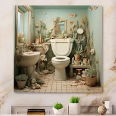 a bathroom scene with a toilet, sink and cactus plants on the wall next to it