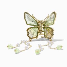 Green Flower Hair Clip, Ethereal Accessories, Butterfly Hair Piece, Green Hair Clips, Cute Claw Clips, Green Hair Accessories, Green Witch Aesthetic, Transparent Wings, Butterfly Accessories