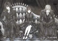 three anime characters sitting on a couch with their legs crossed