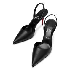 Black leather slingbacks from Christian Louboutin. The Apostropha slingbacks are made of leather with a pointed toe and low-cut vamp, set on an angled stiletto heel measuring 80mm.Signature red leather soleTrue to sizeMade in Italy