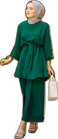 Green Matching Set For Fall, Fall Green Matching Set, Modest Two Piece, Top And Pants Set, Flowy Pants, Chic Outfit, Warm Coat, Sunny Day, Waist Tie