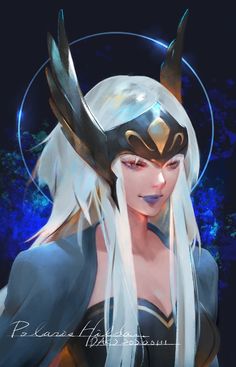 a woman with long white hair and horns