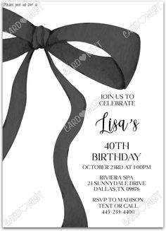 a black and white birthday party card with a ribbon