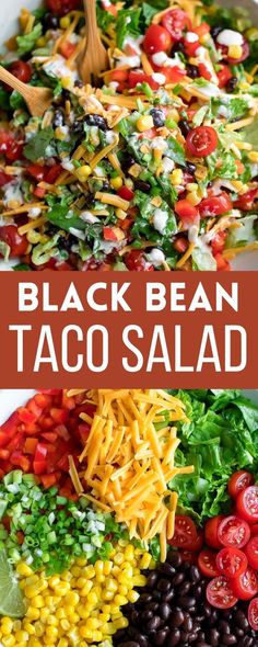 black bean taco salad with peppers, tomato, corn, beans, cheese, and scallions Black Bean Taco Salad, Creamy Salsa Dressing, Bean Taco Salad, Salsa Dressing, Creamy Salsa, Black Bean Tacos, Taco Salad Recipes, Bean Tacos, Fresh Salad Recipes