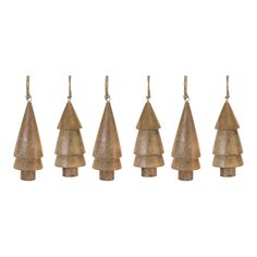 five wooden christmas trees hanging from hooks