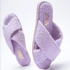 Zara Terrycloth Flat Crossed-Strap Sandals Slipper Lilac Purple New Flat Sandals In Lilac. Terrycloth Effect Upper. Wide Crossed Straps At Front. Starfit. Brand New Without Box. Comfortable Purple Sandals For Summer, Chic Fabric Sandals For Vacation, Lavender Open Toe Sandals For Spring, Lavender Round Toe Beach Sandals, Lavender Round Toe Sandals For Beach, Lavender Open Toe Sandals For Summer, Lavender Open Toe Sandals For Beach, Lavender Sandals For Summer Beach, Casual Lavender Sandals For Spring