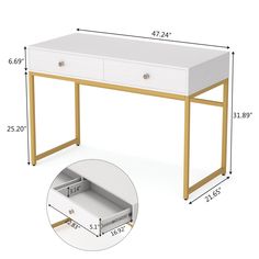 a white desk with two drawers and measurements for the bottom drawer, shown from front to back