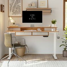 a desk with a computer monitor and keyboard on it in front of a wall mounted map