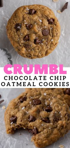 two chocolate chip oatmeal cookies with text overlay that reads, crumbl chocolate chip oatmeal cookies