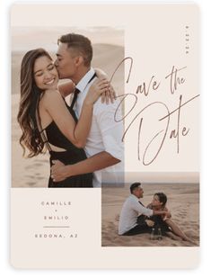 the save the date photo card is printed on white paper and features an image of two people