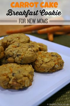 carrot cake breakfast cookie for new moms on a white plate with carrot sticks in the background