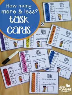 several task cards with the words how many more & less?