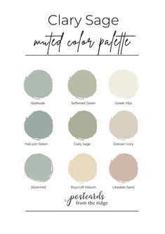 the color palette for clay sage is shown in different shades and sizes, including black, white