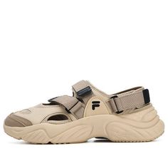 FILA FUSION Conch Sandals ''Beige Black' T12M321401FMA Brown Rubber Sole Sneakers For Summer, Brown Sneakers For Summer Streetwear, Beige Summer Beach Sneakers, Casual Khaki Sandals For Summer, Beige Synthetic Sandals With Rubber Sole, Beige Casual Sport Sandals With Round Toe, Beige Closed Toe Sport Sandals For Summer, Casual Beige Sport Sandals With Round Toe, Casual Beige Slip-on Sport Sandals