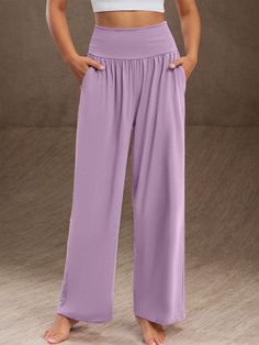 Purple Plain Elastic Waistband Side Pocket Pants Solid Color Yoga Pants With Elastic Waistband, Solid Full-length Yoga Pants With Elastic Waistband, Solid Full Length Yoga Pants With Elastic Waistband, Full Length Solid Yoga Pants With Elastic Waistband, Casual Wide Leg Full-length Pants With Wide Waistband, Casual Wide Leg Pants With Wide Waistband, Casual Wide-leg Pants With Wide Waistband, Purple Elastic Waist Ankle Pants, Purple Ankle-length Bottoms With Elastic Waistband