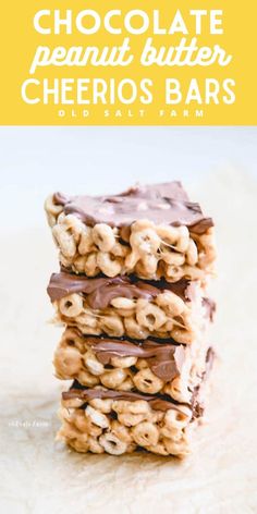 chocolate peanut butter cheerios bars stacked on top of each other with text overlay