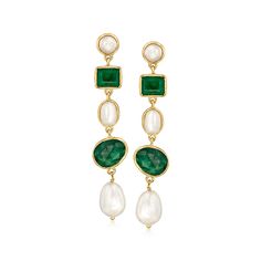 Ross-Simons - 6-9mm Cultured Pearl, 10.40ct t. w. Emerald Drop Earrings Over Sterling. Dangling to a dramatic 2 3/8" long, these classically beautiful linear drop earrings feature 10.40 ct. t. w. bezel-set emeralds that alternate with 6mm button, 6x8mm oval, and 7-9mm cultured freshwater baroque pearls. Finely crafted in polished 18kt yellow gold over sterling silver. Post/clutch, white pearl and emerald drop earrings. Emerald birthstones are the perfect gift for May birthdays. Emerald And Pearl Jewelry, Emerald And Pearl Drop Earrings, Emerald And Pearl Earrings, Elegant Green Pearl Drop Bridal Earrings, Emerald Pearl Earrings, Classic Green Pearl Drop Earrings, Green Gemstone Pearl Drop Earrings, Emerald Earrings Drop, Emerald Birthstone