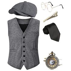 Season:All Seasons; Sleeve Length:Sleeveless; Look After Me:Washable; Gender:Men's; What's in the box:Tie,Hat,Glasses,Vest; Types:Accesories Set,Panama Hat,Waistcoat,Vest,Outfits; Holiday:Masquerade,Carnival,Christmas,Halloween; Style:Roaring 20s,1920s,Retro Vintage; Elasticity:Micro-elastic; Occasion:Festival,Performance; Material:Polyester; Age Group:Adults'; Characters:Gentleman,The Great Gatsby; Pattern:Vintage; Listing Date:05/26/2023; Clothing Length:; Bust:; Shoulder Width: Fitted Vest For Winter Costume Party, Fitted Winter Vest For Costume Party, Fitted Vest For Costume Party In Winter, Vintage Winter Costume Vest, Vintage Winter Vest For Costume, 20s Fashion Men, Mens 20s Fashion, Great Gatsby Men, Gatsby Men