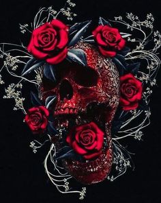 a skull with red roses on its head