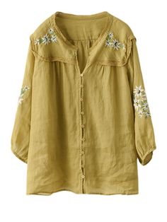 Embroidery Linen Casual Summer Women Shirt Long Sleeve Tops With Floral Embroidery For Summer, Casual Long Sleeve Embroidered Blouse, Cotton Button-up Blouse With Floral Embroidery, Cotton Long Sleeve Blouse With Floral Embroidery, Casual Long Sleeve Shirt With Floral Embroidery, Green Long Sleeve Top With Floral Embroidery, Long Sleeve Blouse With Embroidered Hem Relaxed Fit, Embroidered Green Blouse For Fall, Green Embroidered Shirt For Spring